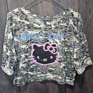 SANRIO Burnout Crop Shirt Hello Kitty Size L Roll Up Sleeves Black Cat